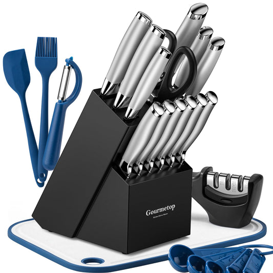 Gourmetop Knife Set, 20 Pcs Kitchen Knife Set with Block, Sharpener, Cutting Board & Essential Gadget. Sharp Stainless Steel Knives Set for Kitchen Cooking, Knife Block Set Dishwasher Safe