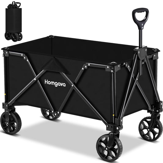 Homgava Collapsible Folding Wagon Cart, Large Capacity Camping Wagon, All Terrain Foldable Wagon, Heavy Duty Utility Wagon Cart for Grocery Outdoor Beach Gardening Shopping Fishing Black