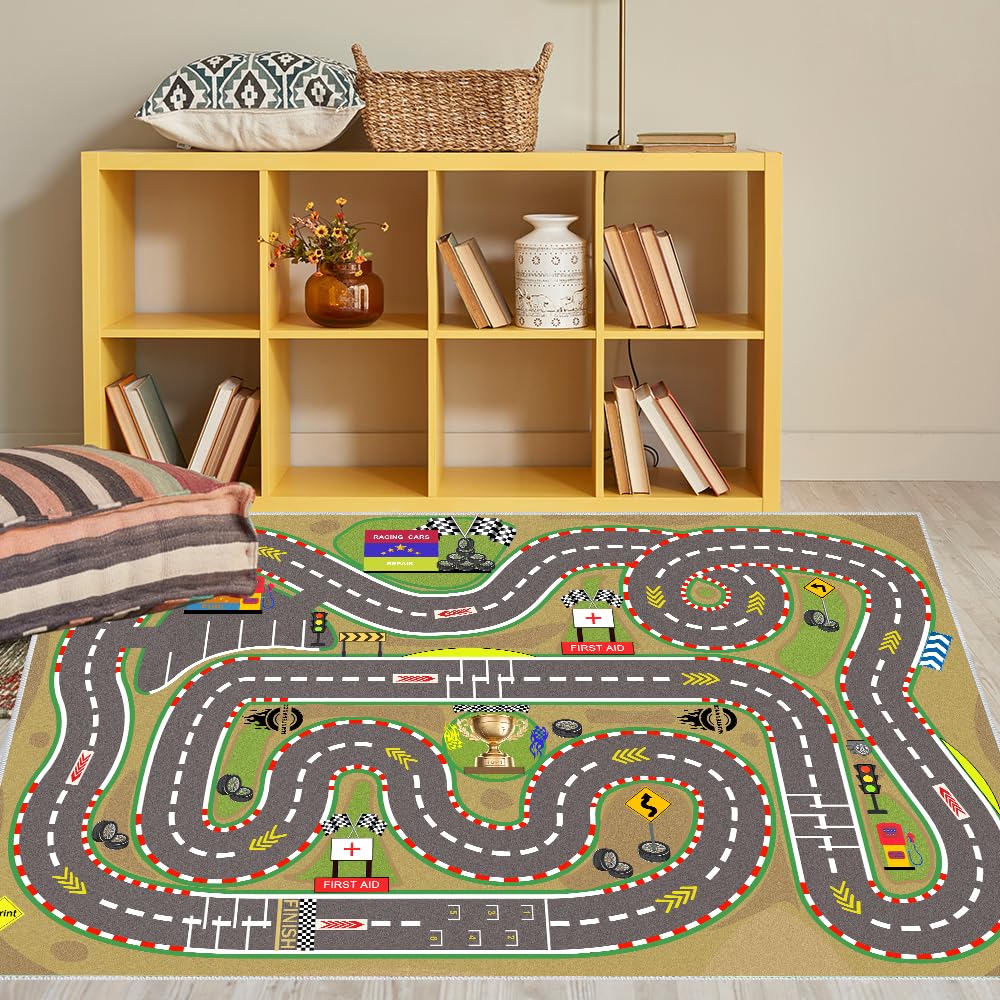 Race Track Playmat Rug for Kids Playroom