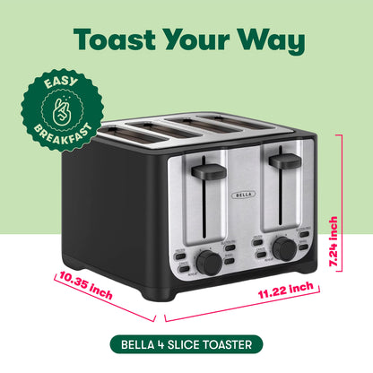 BELLA 4 Slice Toaster with Auto Shut Off - Extra Wide Slots & Removable Crumb Tray and Cancel, Defrost & Reheat Function - Toast Bread & Bagel, Black