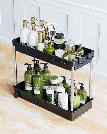Under Sink Organizer, 2 Tier Under Bathroom Cabinet Storage, Pull Out Under Sink Storage Rack, Under Cabinet Organizer and Storage with Hooks, Multi-purpose Shelf Organizer for Bathroom/Kitchen