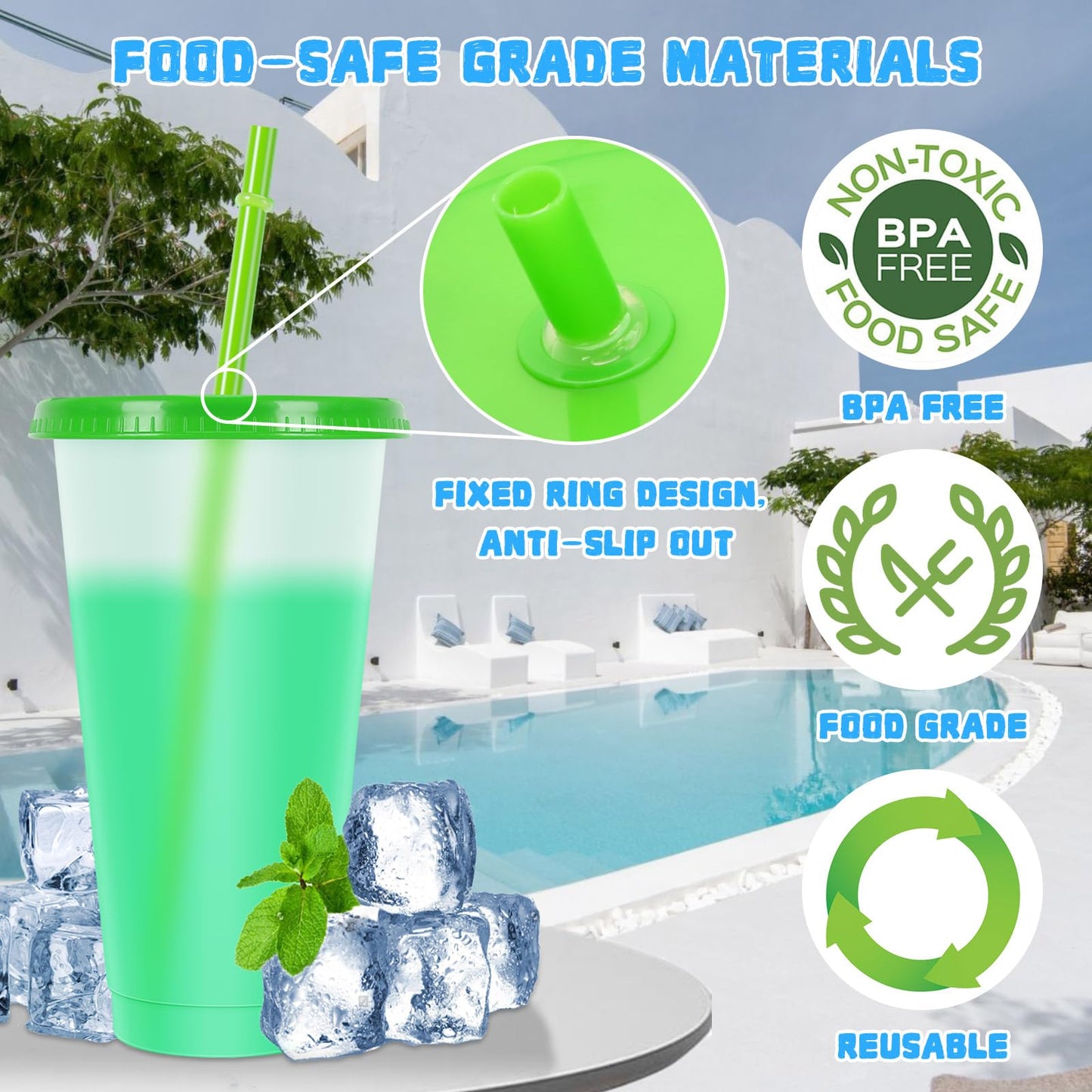 24 oz Reusable Cups with Lids and Straws