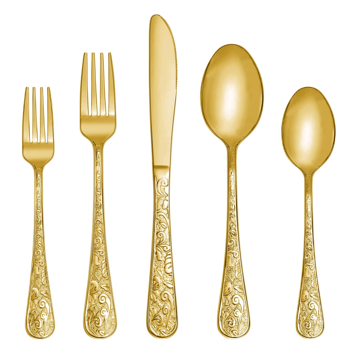 Runfly Vintage Carved Gold Stainless Steel 20 Pieces Flatware Set, Golden Silverware Set, Modern Embossed Cutlery Set Utensils Including Fork Spoon and Knife