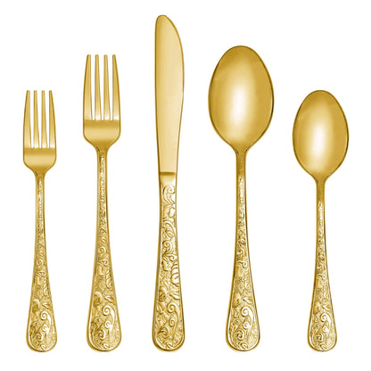 Runfly Vintage Carved Gold Stainless Steel 20 Pieces Flatware Set, Golden Silverware Set, Modern Embossed Cutlery Set Utensils Including Fork Spoon and Knife