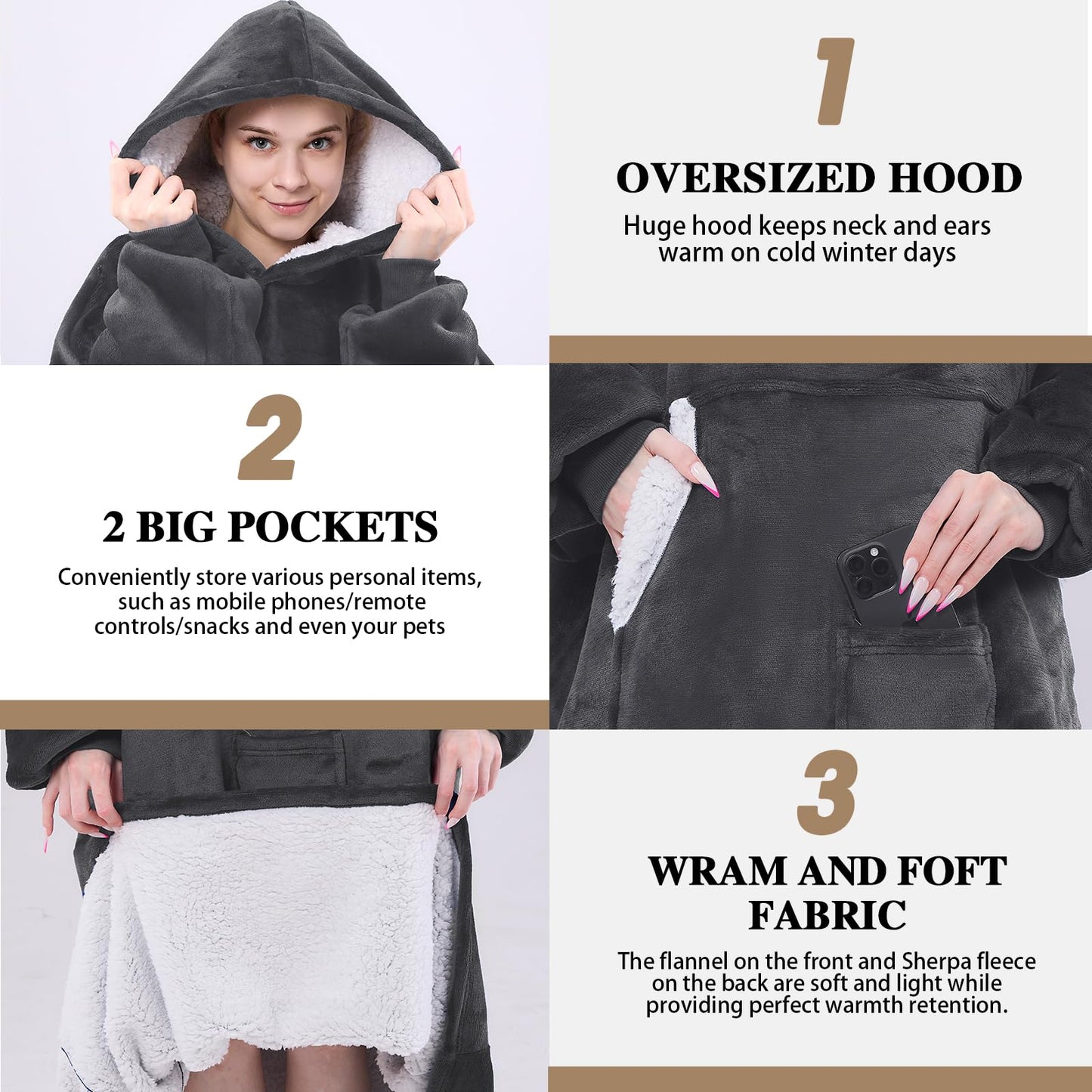 NORD ECO Wearable Blanket Hoodie,Oversized Sherpa Fleece Hooded Sweatshirt Blanket,Wearable Blanket Hoodie for Adult,Giant Warm&Cozy Blanket Hoodie With Pockets and Sleeves,Gift for Women Mom(Grey)