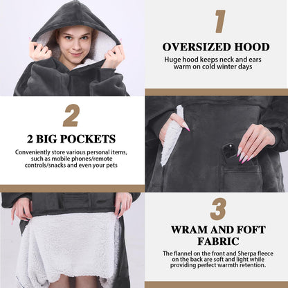 NORD ECO Wearable Blanket Hoodie,Oversized Sherpa Fleece Hooded Sweatshirt Blanket,Wearable Blanket Hoodie for Adult,Giant Warm&Cozy Blanket Hoodie With Pockets and Sleeves,Gift for Women Mom(Grey)