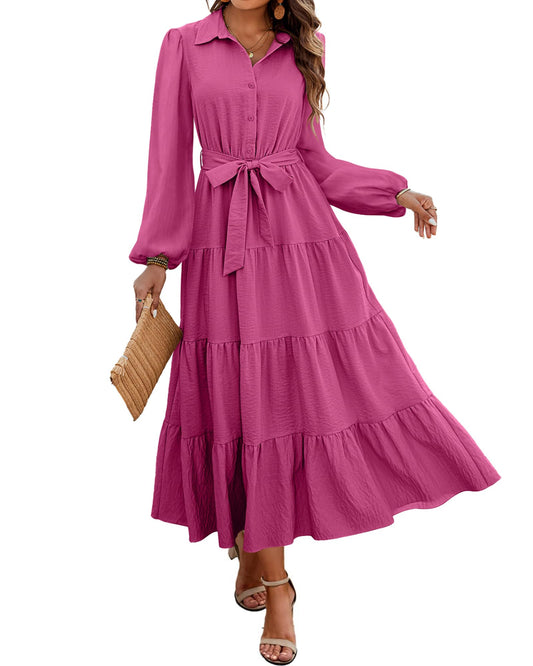dowerme Women's Long Sleeve Dress 2025 Button Down Belted A-Line Flowy Fall Outfits Ruffle Maxi Holiday Party Dresses(Rose Red,XX-Large)