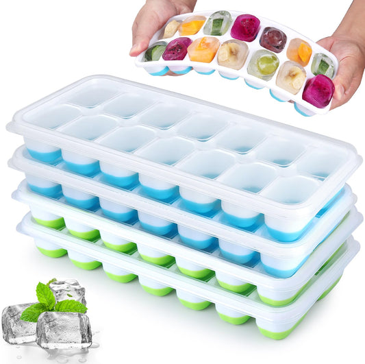 Jrisbo Silicone Ice Cube Tray, 4 Pack Easy-Release & Flexible 14-Ice Cube Trays with Spill-Resistant Removable Lid, Stackable Ice Trays with Covers for Freezer, Cocktail, Blue and Green