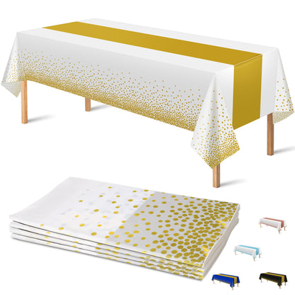 OHOME 4 Pack Disposable Plastic Table Cloths for Parties,White and Gold Rectangle Table Covers for Wedding Bridal Shower Birthday | Baptism Decorations,Engagement Party Decorations 54" x 108"