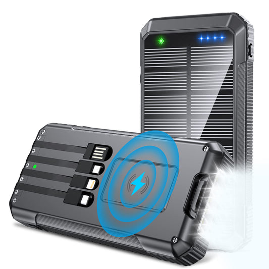 33800mAh Fast Charging Solar Power Bank with Wireless Charger And Built-in Cables