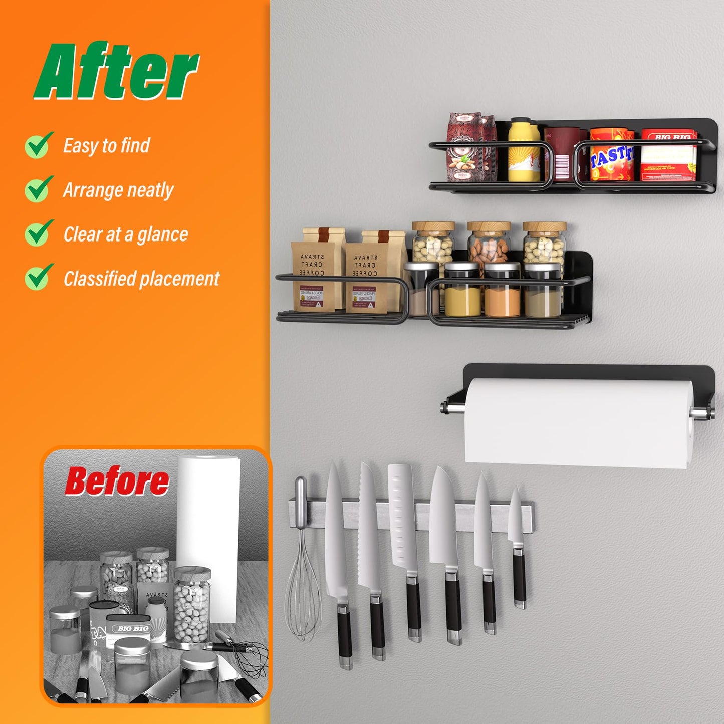 Magnetic Spice Rack for Refrigerator, Magnetic Paper Towel Holder, Stainless Steel Magnetic Knife Holder, Magnet Fridge Kitchen Organizers Storage, Spice Rack Organizer Kitchen Gadgets Storage