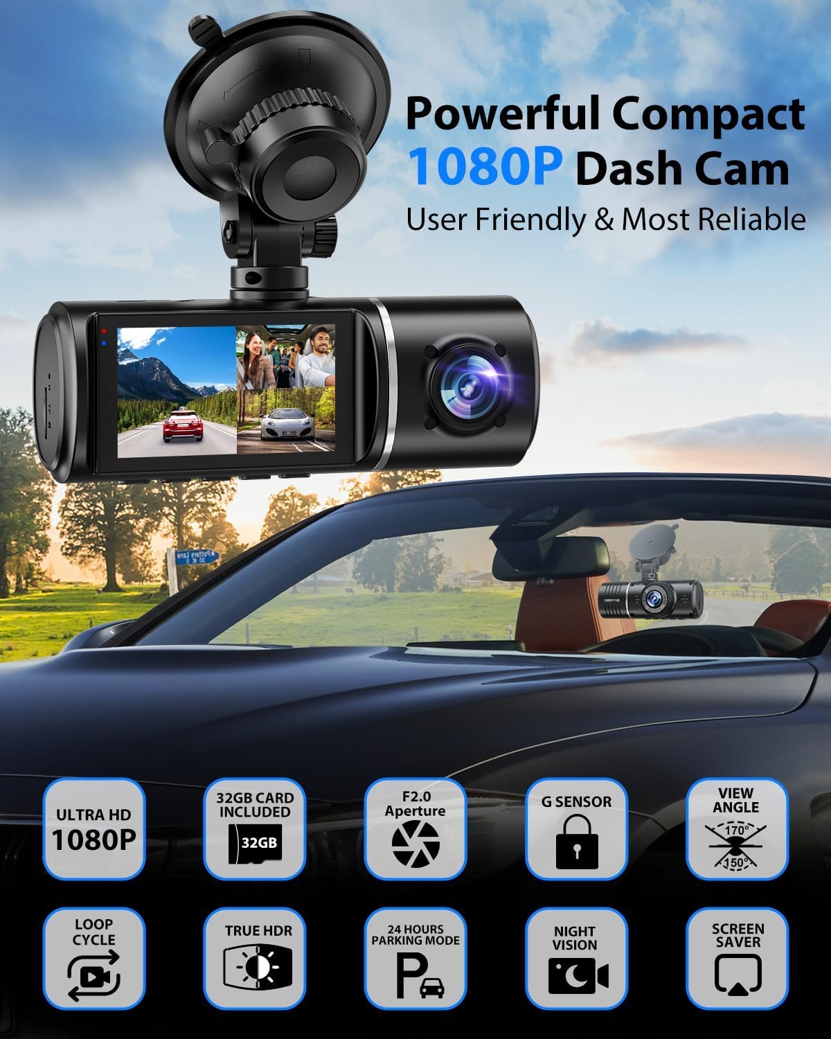 3 Channel Dash Cam with 32GB Card