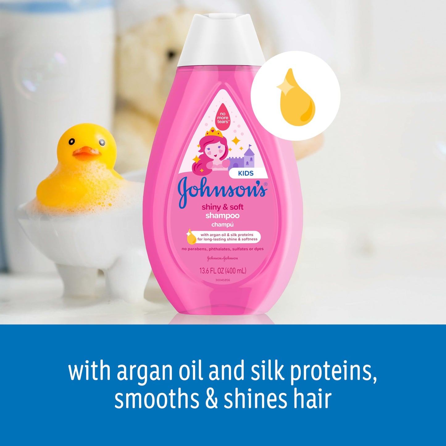 Johnson's Kids Shiny & Soft Tear-Free Kids' Shampoo with Argan Oil & Silk Proteins, Hair Wash Gently Cleanses & Boosts Natural Shine & Softness, Hypoallergenic, Sulfate-Free, 13.6 fl. oz