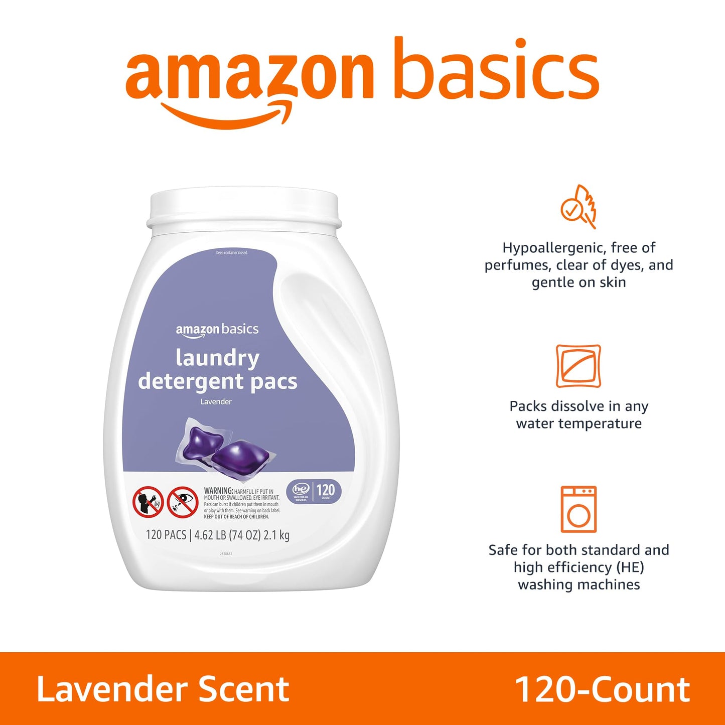 Amazon Basics Laundry Detergent Pacs, Lavender Scent, 120 Count (Previously Solimo)