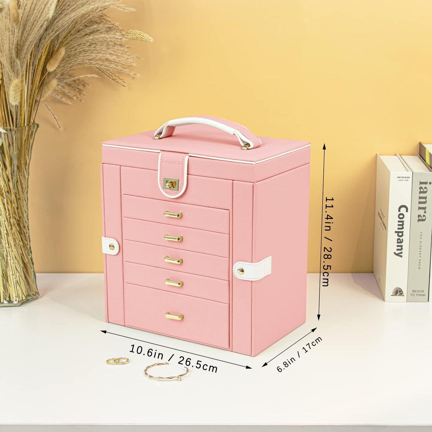 KAMIER Jewelry Box for Women, 6-Layer Large Jewelry Organizer Box with Mirror & 5 Drawers for Rings, Earrings, Necklaces, Bracelets,Pink