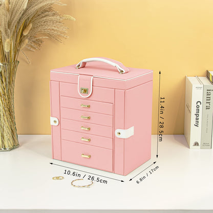 KAMIER Jewelry Box for Women, 6-Layer Large Jewelry Organizer Box with Mirror & 5 Drawers for Rings, Earrings, Necklaces, Bracelets,Pink