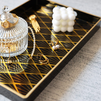 Spsyrine Black and Gold Decorative Tray for Living Room, 15.6” X 10.2" Modern Plastic Coffee Serving Table Tray for Ottoman Bathroom Kitchen (Rectangle)