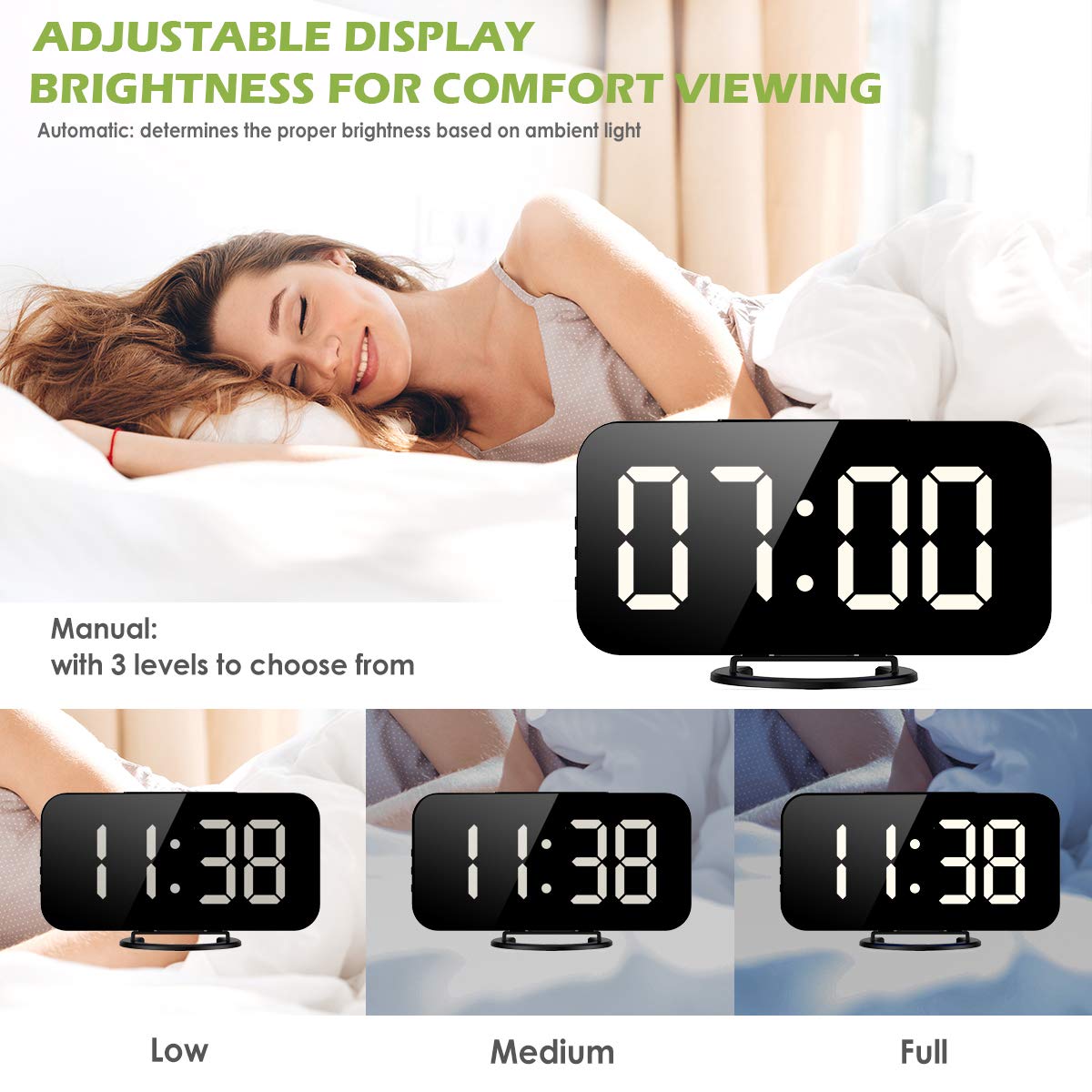 KeeKit Digital LED Alarm Clock, Large 6.5" Mirror Surface Alarm Clock with Dual USB Charging Ports, Snooze Function, Auto/Manual Adjustable Brightness, 12/24H Display for Home, Bedroom, Office - White