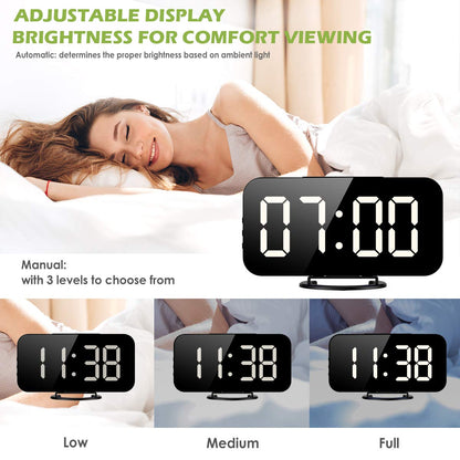 KeeKit Digital LED Alarm Clock, Large 6.5" Mirror Surface Alarm Clock with Dual USB Charging Ports, Snooze Function, Auto/Manual Adjustable Brightness, 12/24H Display for Home, Bedroom, Office - White