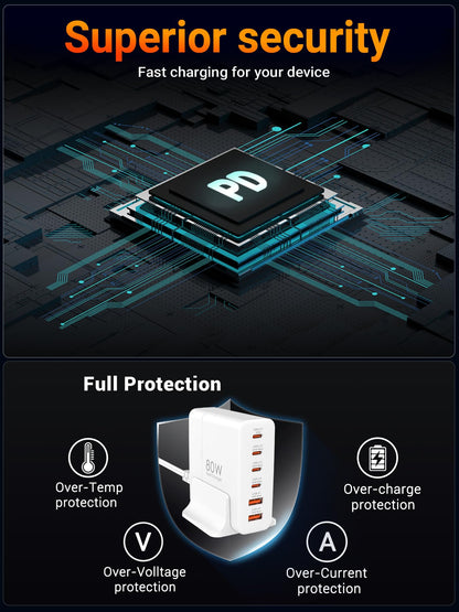 TOPADRE USB C Charger Block 80W, 6 Port Fast Charging Station Powered USB C Hub PD Charger for iPhone 15/14/13 Pro Max, iPad Pro/Air/Mini, for Samsung Galaxy S24, MacBook Pro/Air, White