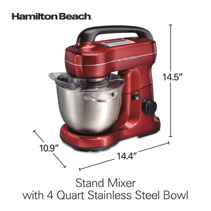 Hamilton Beach Electric Stand Mixer, 4 Quarts, Dough Hook, Flat Beater Attachments, Splash Guard 7 Speeds with Whisk, Red