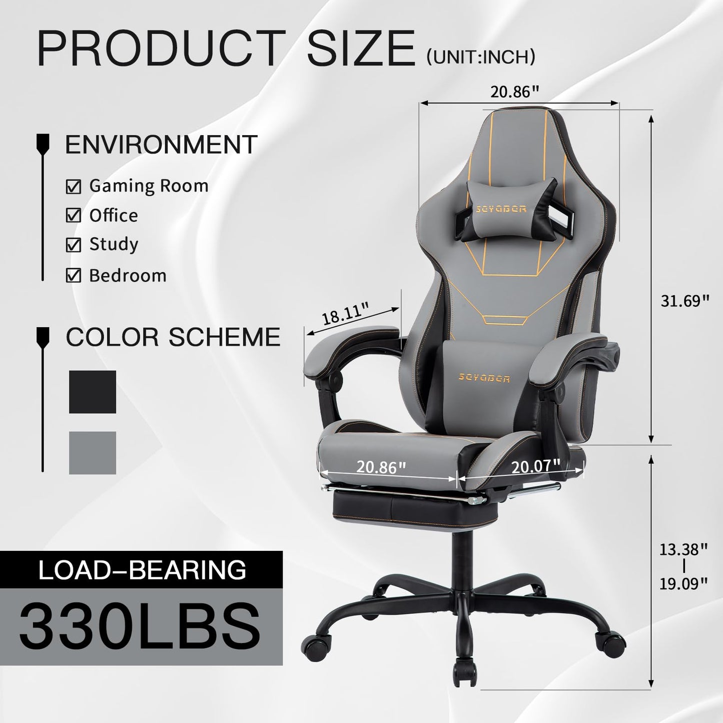 Video Gaming Chair with Footrest, Ergonomic Game Chair with Lumbar Support, Height Adjustable Swivel Racing Gaming Massage Chair, Reclining Computer Office Desk Chair for Adults