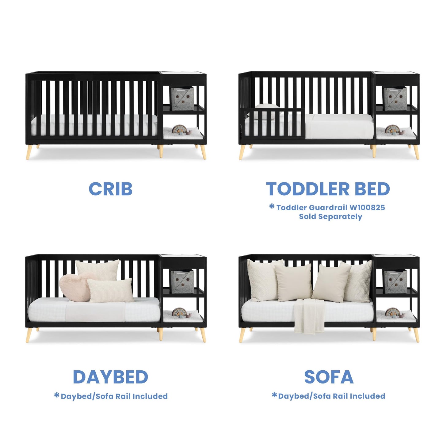 Delta Children Essex 4-in-1 Convertible Crib and Changer, Black Ebony w/Natural Knobs