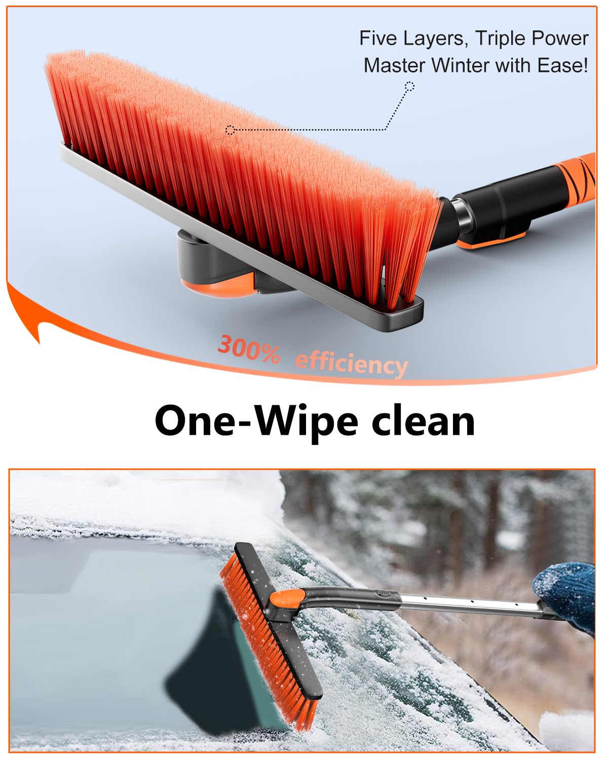 DooGooCoo [Upgrade] Ice Scraper & Extendable Snow Brush for Car Windshield [Military-Grade Sturdy] - 360° Pivoting Brush Head with Silicone Grip for Effortless One-Swipe Clean on Auto (Universal)