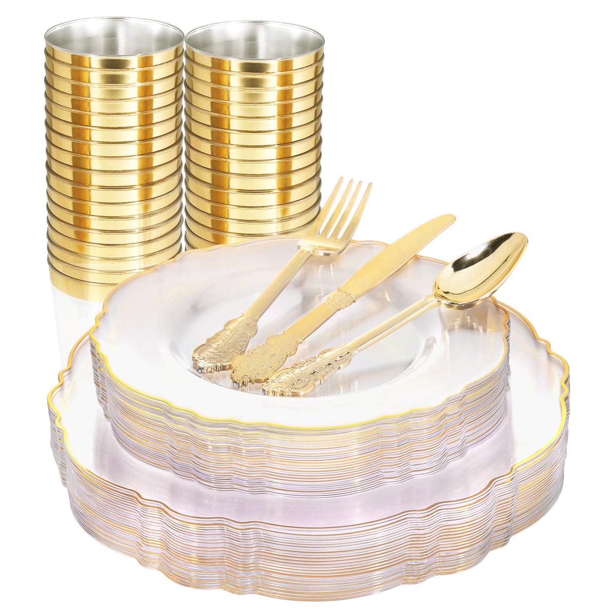 WDF 30Guest Clear and Gold Plastic Plates with Gold Plastic Silverware include 30 Dinner Plates,30 Salad Plates,30 Forks, 30 Knives,30 Spoons,30 Cups for Thanksgiving