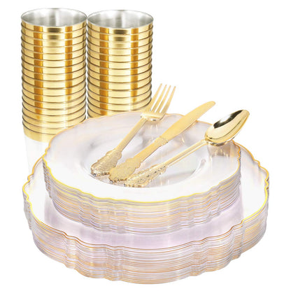 WDF 30Guest Clear and Gold Plastic Plates with Gold Plastic Silverware include 30 Dinner Plates,30 Salad Plates,30 Forks, 30 Knives,30 Spoons,30 Cups for Thanksgiving
