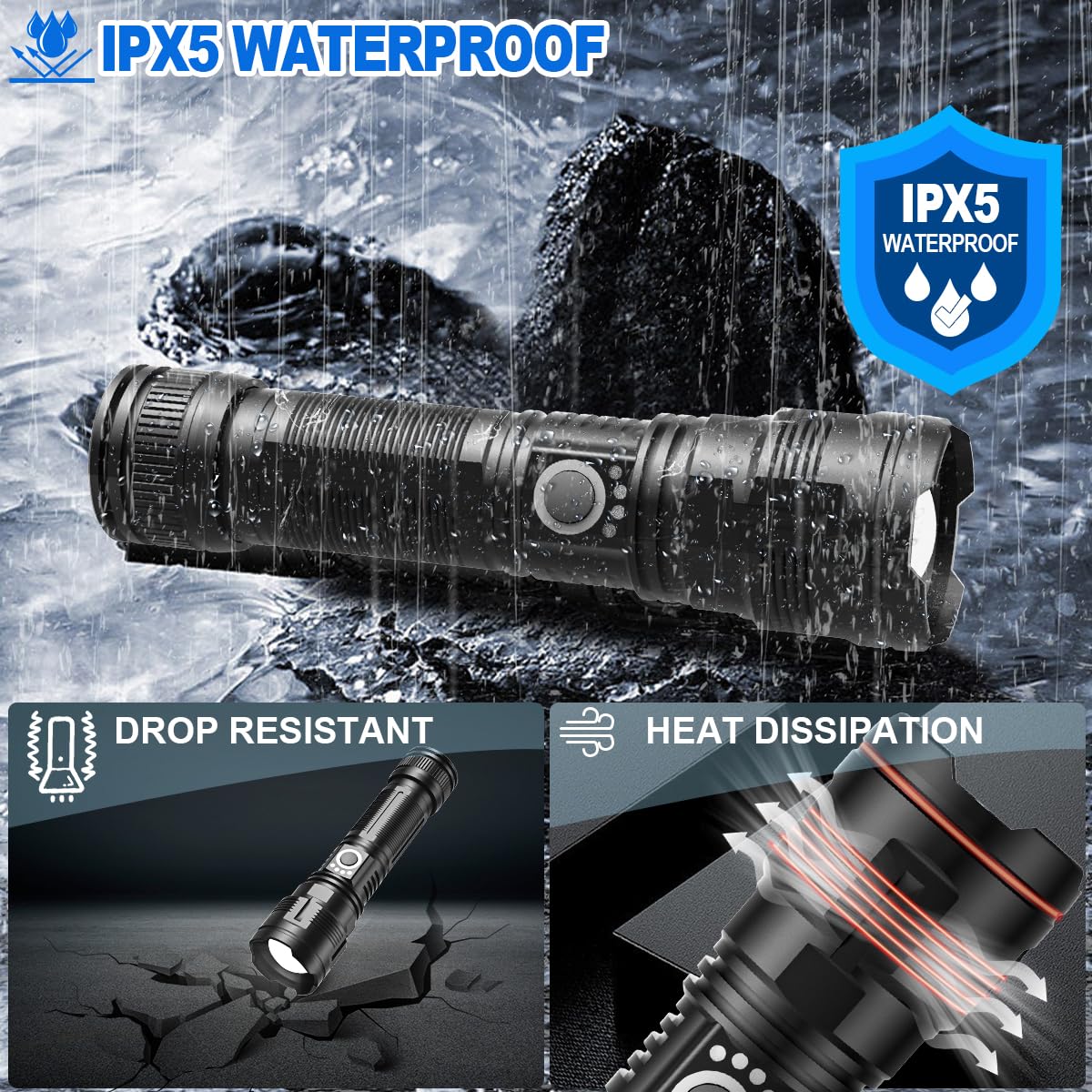 Rechargeable Flashlight High Lumens, Super Bright 100,000 Lumens High Power Flash Light, Handheld Flashlight, Type C Charging Port, Waterproof, Power Display, Long Lasting, Tactical Light for Hiking