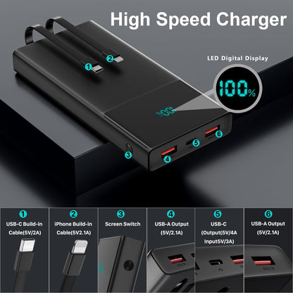 Portable 13000mAh Power Bank with Built-in Cables