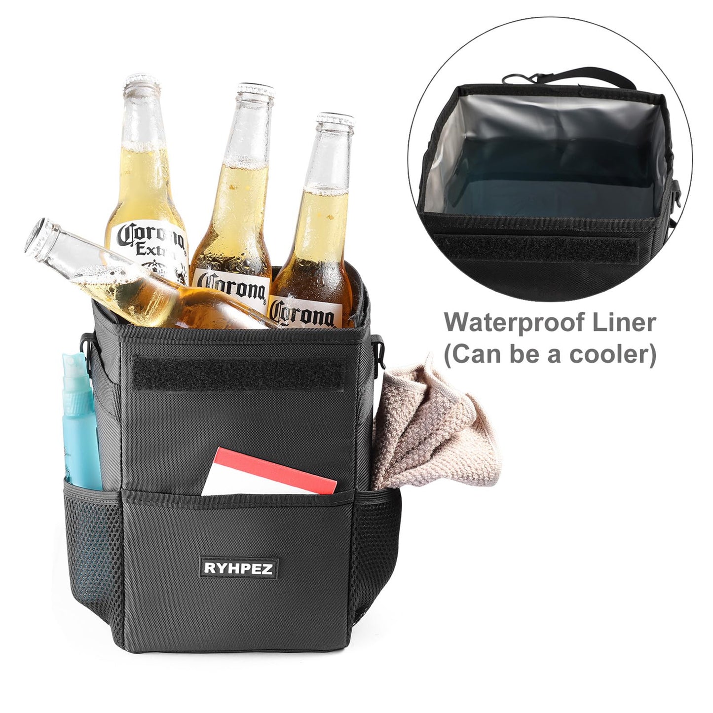 Ryhpez Car Trash Can with Lid - Car Trash Bag Hanging with Storage Pockets Collapsible and Portable Car Garbage Bin
