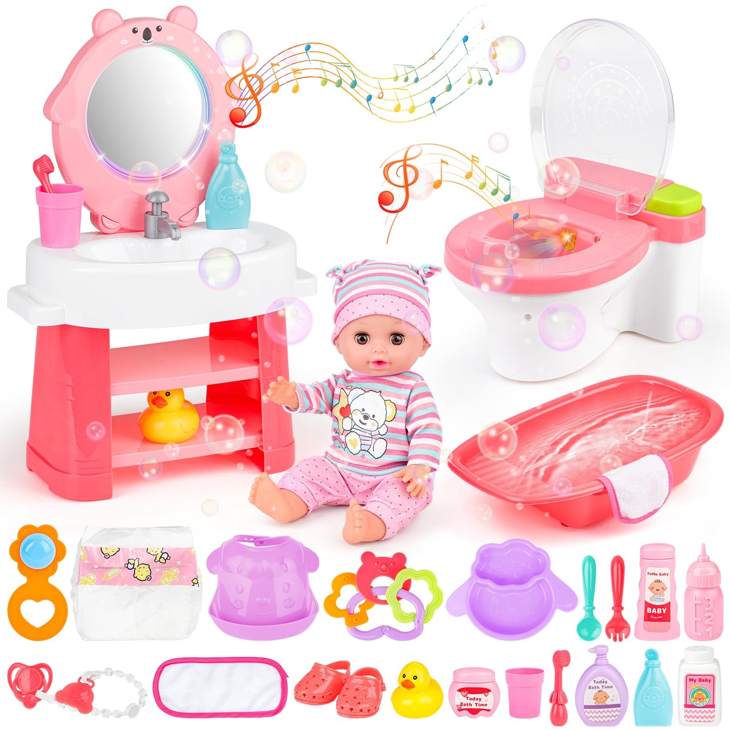 deAO 12 Inch Baby Doll Set 26 PCS Doll Playset with Bathroom Sink,Toilet,Bathtub and Accessories,Pretend Play Doll Toys with Sound and Light for 3 4 5 6 7 8 Years Old Kids Girls Boys