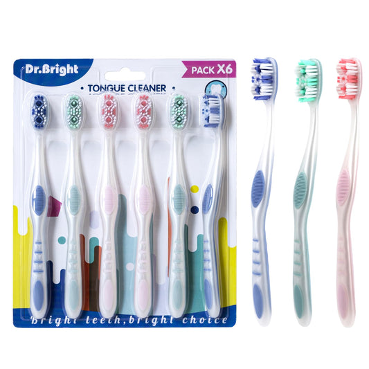 6 Pack DR.BRIGHT Medium Toothbrushes with Tongue Scraper