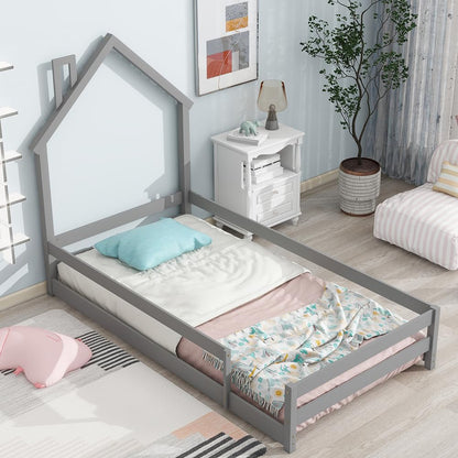 Pine Wood Twin Floor Bed Frame with Guardrails