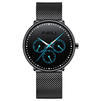 FIZILI Mens Watches Ultra-Thin Minimalist Waterproof-Fashion Wrist Watch for Men with Stainless Steel Mesh 1025 Black Blue