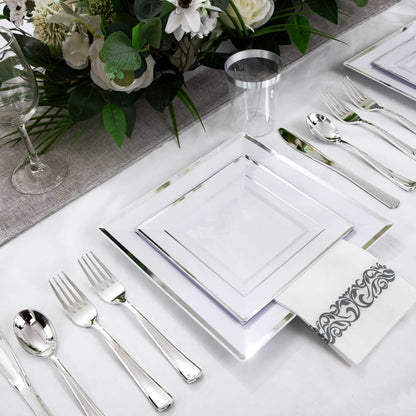 I00000 175PCS Silver Plastic Plates, Disposable Silverware, Napkins & Cups, Silver Square Dinnerware Include 25 Dinner Plates, 25 Salad Plates,25 Forks,25 Knives,25 Spoons,25 Tumblers, 25 Guest Towels