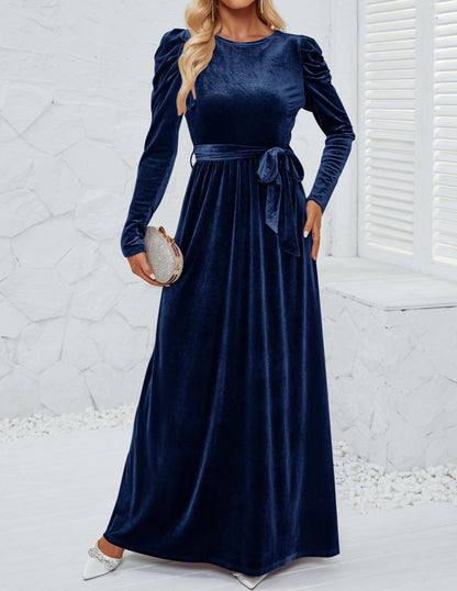 ZESICA Women's Velvet Maxi Dress Long Puff Sleeve Crew Neck Elastic High Waist Cocktail Party Bridesmaid Dresses,Navy,X-Large