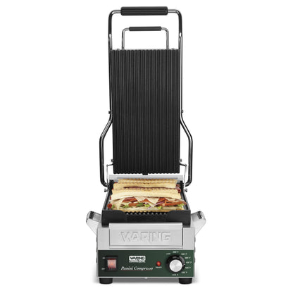 Waring Commercial WPG200 Panini Compresso Slimline Ribbed Grill, 120V, 1800W, 5-15 Phase Plug