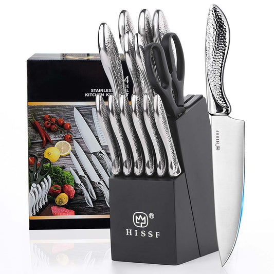 Knife set, HISSF Knife Set for Kitchen with Block, 14 Piece Kitchen Knife Set with Built-in Sharpener, Professional High Carbon Stainless Steel Kitchen Knives For Chopping, Slicing, Dicing