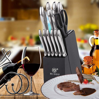 Knife set, HISSF Knife Set for Kitchen with Block, 14 Piece Kitchen Knife Set with Built-in Sharpener, Professional High Carbon Stainless Steel Kitchen Knives For Chopping, Slicing, Dicing