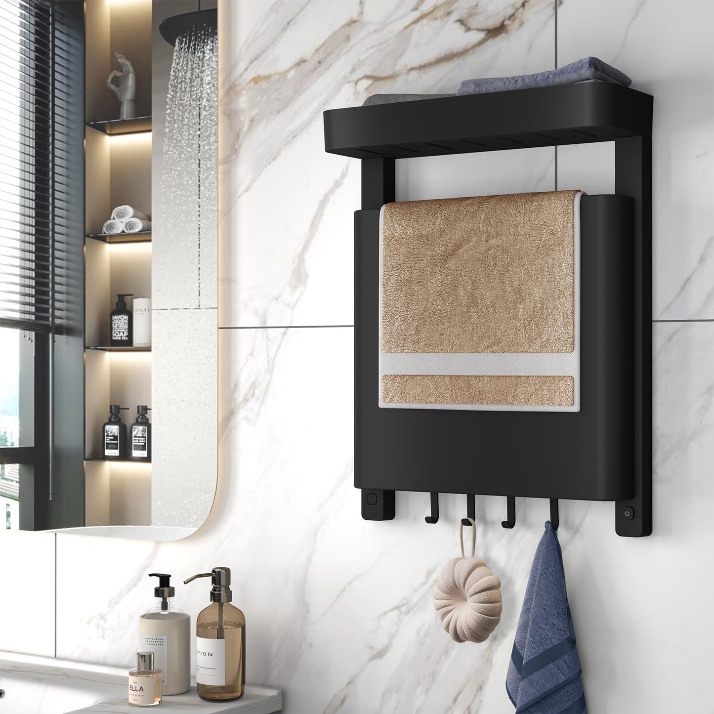 LALAHOO -15.7”x20.9”Heated Towel Rack, Towel Warmer Rack for Bathroom, IP24 Heated Towel Rack Wall Mounted, Heated Towel Warmer with Shelf and Towel Hooks, Towel Dryer Rack Heated