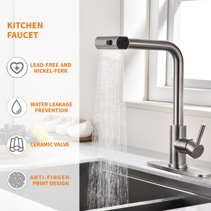 KEER Waterfall Kitchen Faucet with Pull Down Shower, Single Handle and 360° Swivel Stainless Steel Single Hole Kitchen Sink Faucet, Brushed Nickel
