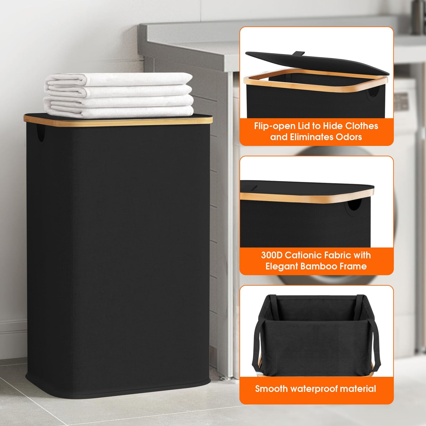 109L Laundry Hamper with Lid, Waterproof Large Laundry Basket with Lid and Removable Bag, Collapsible Tall Clothes Hamper with Bamboo Handles for Clothes Toys in Dorm Bedroom Bathroom, Black