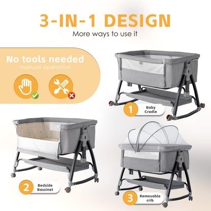 venowu Bedside Crib, 3 in 1 Bassinet with Quick Height Adjustment and Mosquito Nets, Easy to Fold, Portable Beside Bassinet with Golden Triangle Structure, CPSC Certification（Deep Grey）