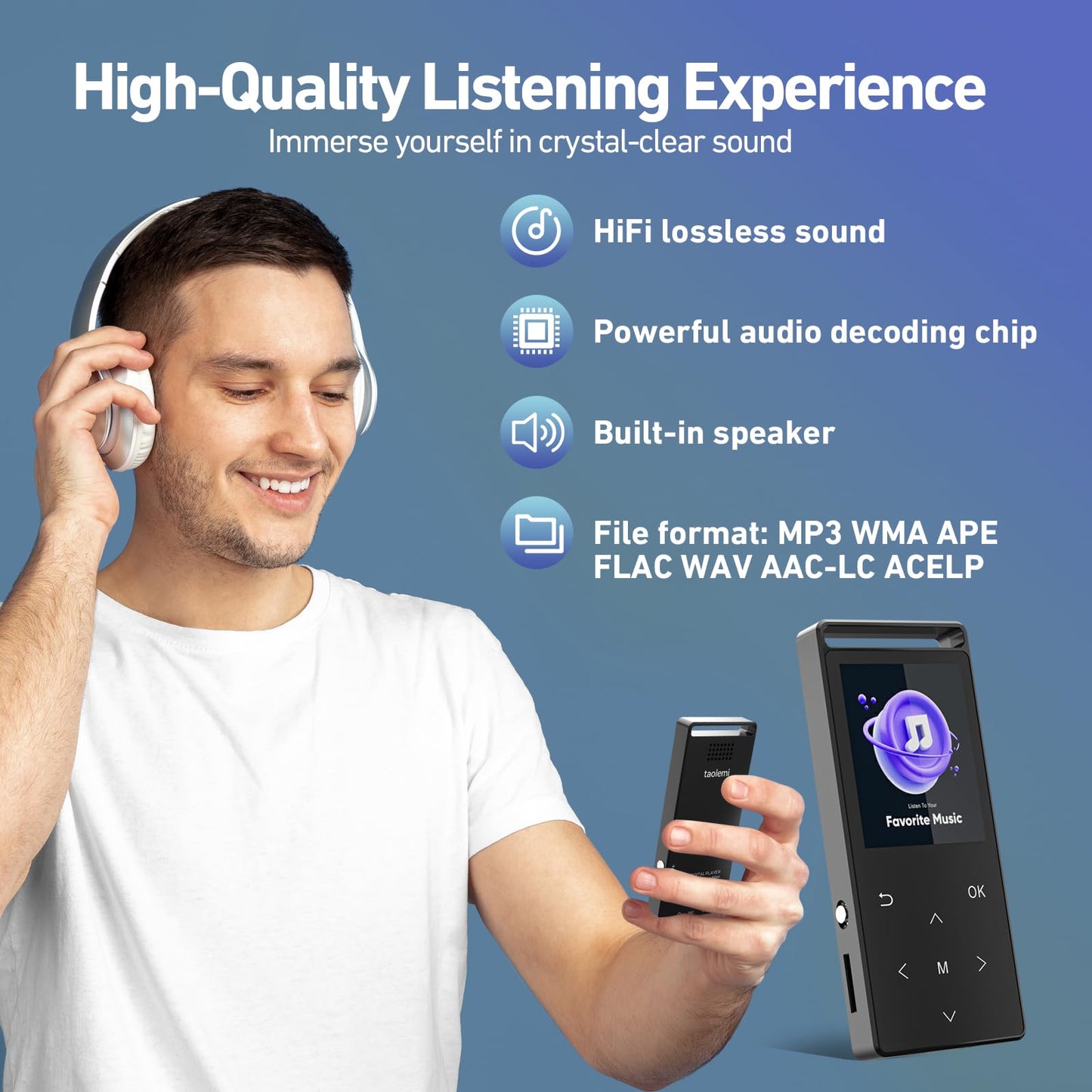 MP3 Player, 128GB MP3 Player Bluetooth 5.3, Built-in Speaker to Restore High-Fidelity Sound Quality, with FM, One-Click Recording, Wire Controlled Headset, Easy to Carry, for Sports