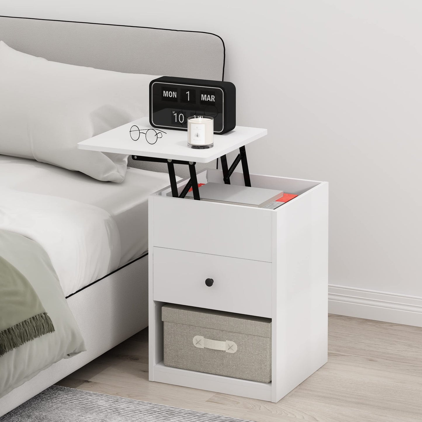 Furinno Lift Top Nightstand in Solid White