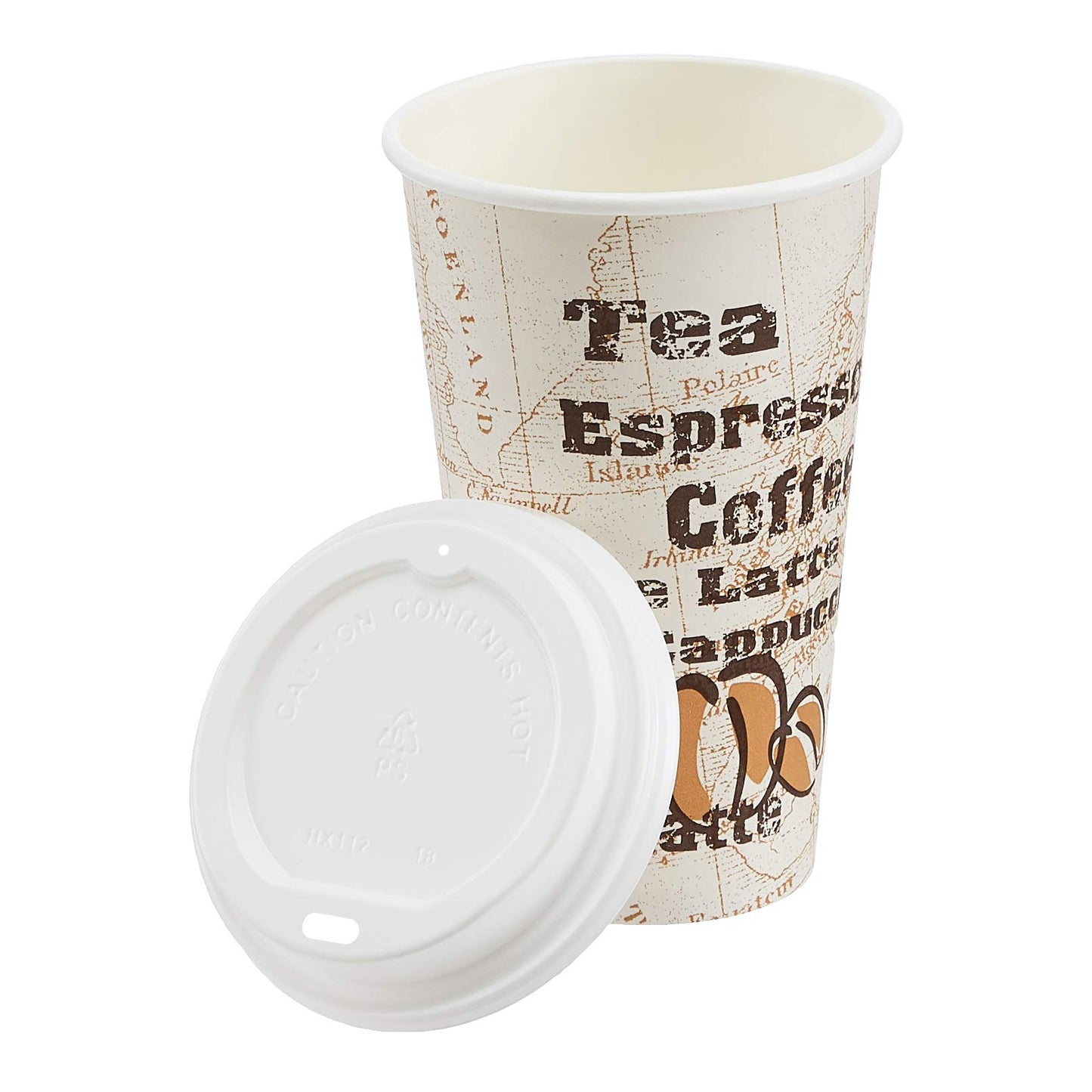 Amazon Basics To Go Hot Paper Coffee Cups with Lids, 16 oz, Café Design, Disposable, 100-Count