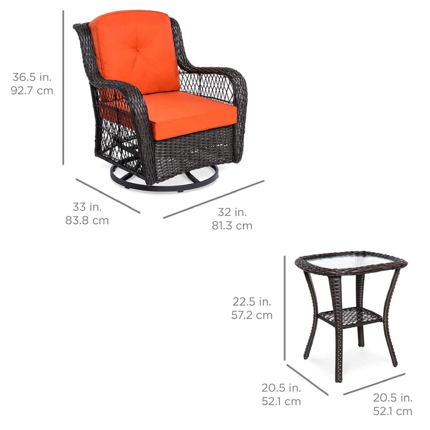 Best Choice Products 3-Piece Outdoor Wicker Patio Bistro Set w/ 2 360-Degree Swivel Rocking Chairs and Tempered Glass Top Side Table - Rust